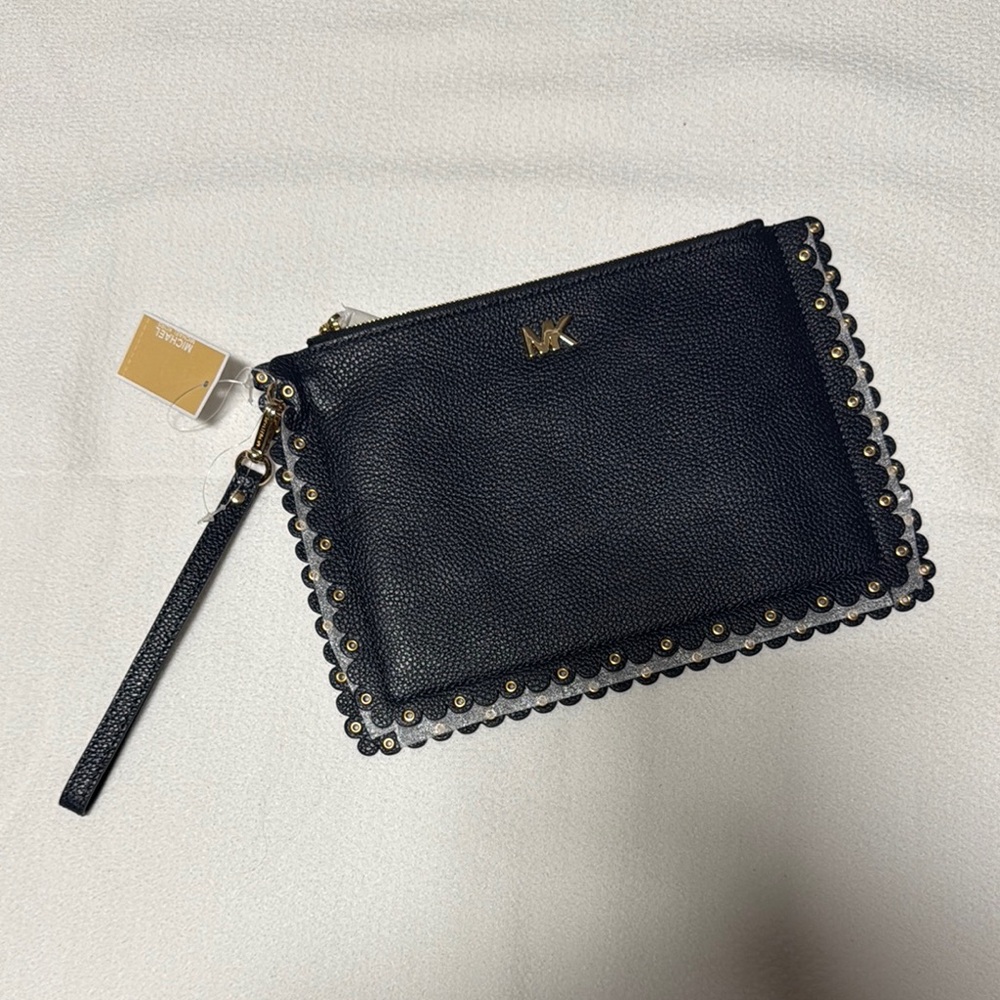 Michael Kors Dark Navy Blue Leather Wristlet with Whipstitch Detailing